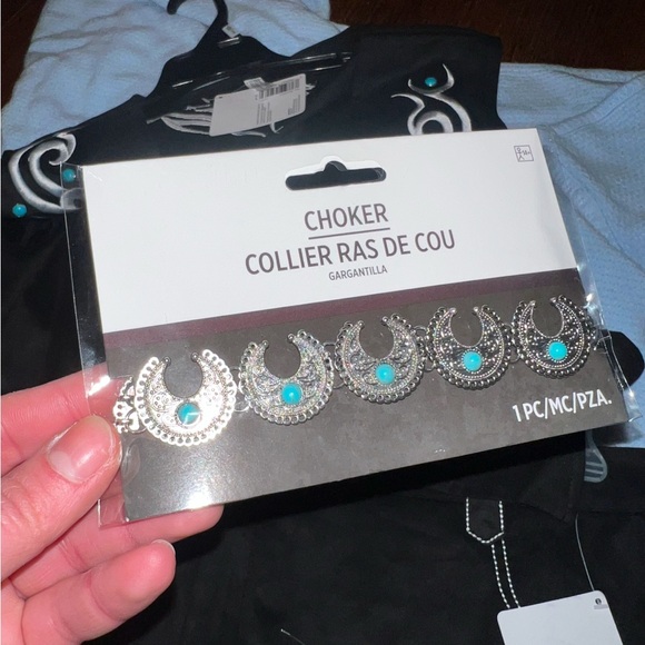 NWT Costume Fringe Cowgirl Vest Shorts W/ Choker White Stitching Blue Rivots XXL - Picture 9 of 13